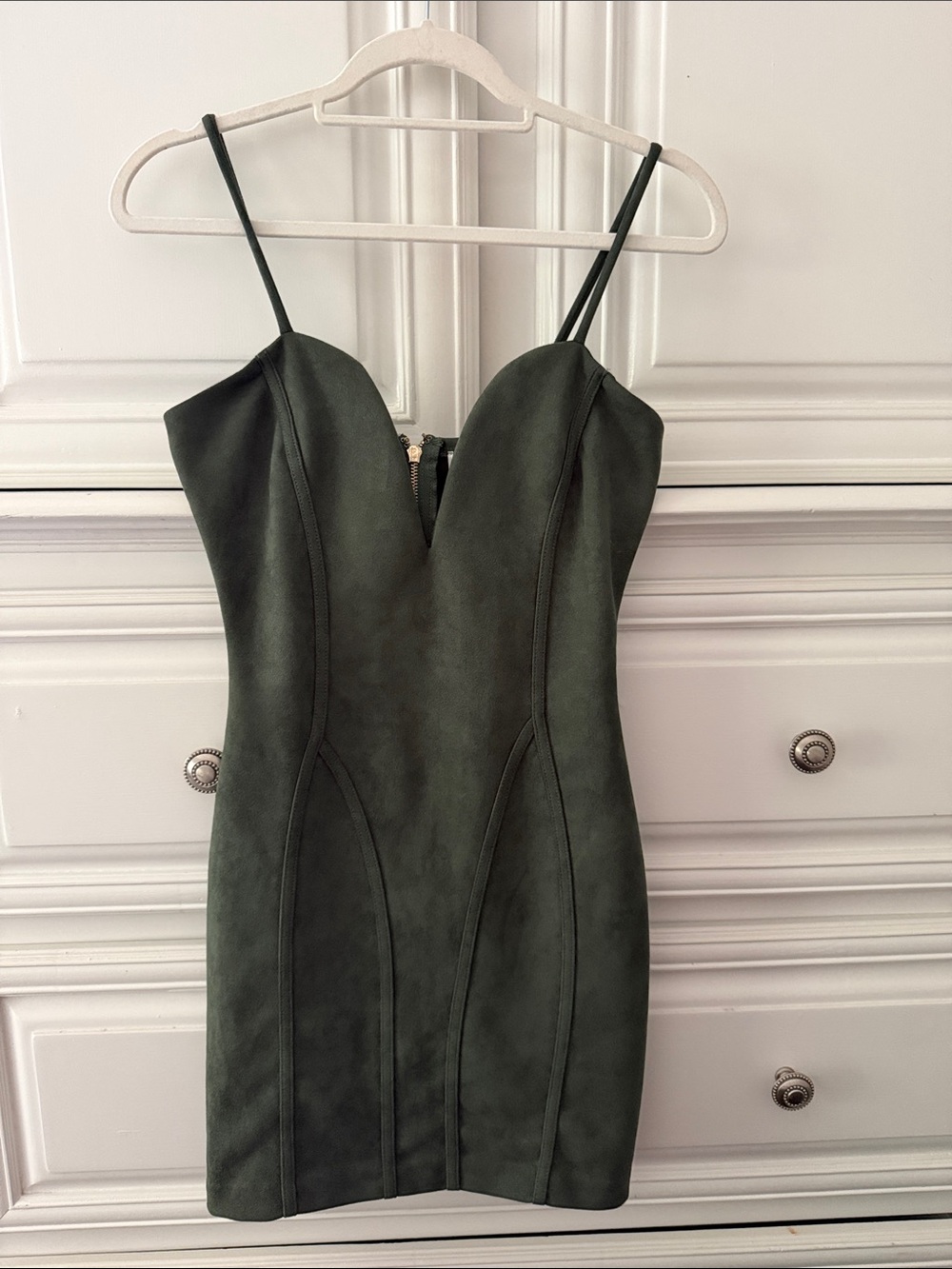 Women's Dark Green Suede-Look Bodycon Dress with Spaghetti Straps